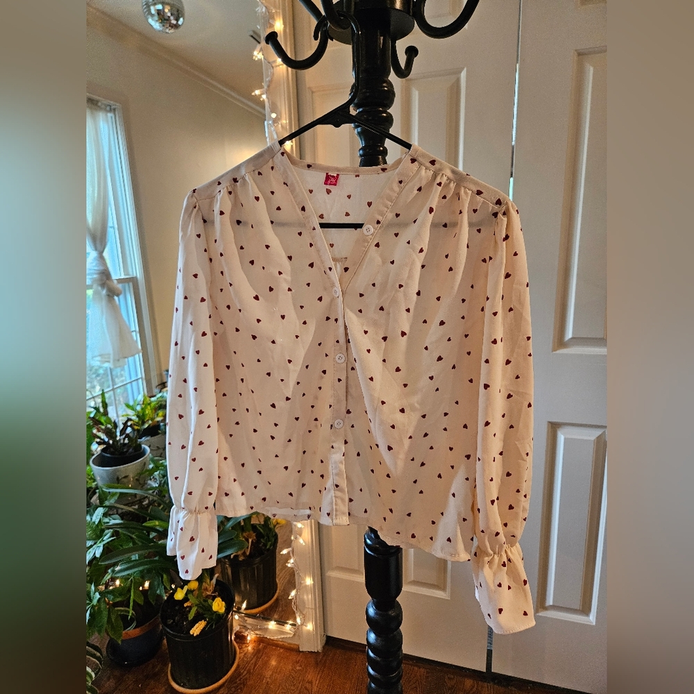Heart Print Lantern Sleeve Button Down Blouse